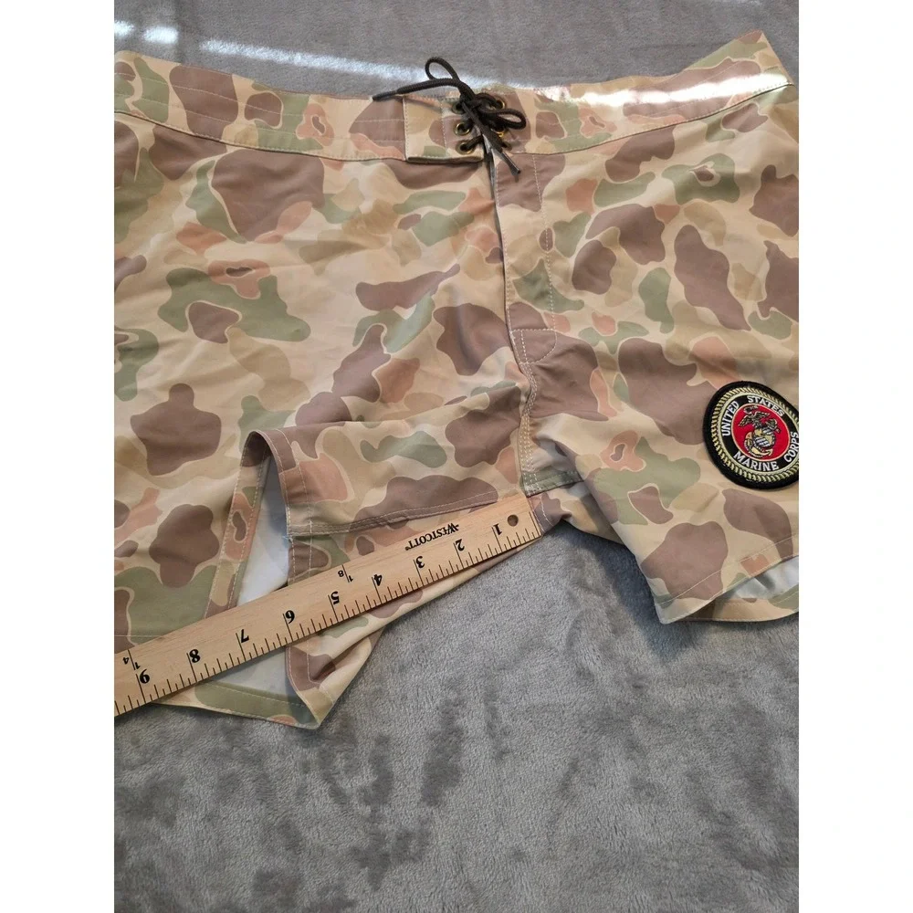 Birdwell Beach Britches Board Shorts Mens 38 Tan USMC Frogskin Camo Patch